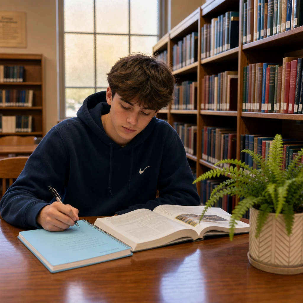 Student focused on academic materials in a bright library